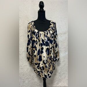 St. John Gold and Navy Blue Leopard Print Long Sleeve Dress